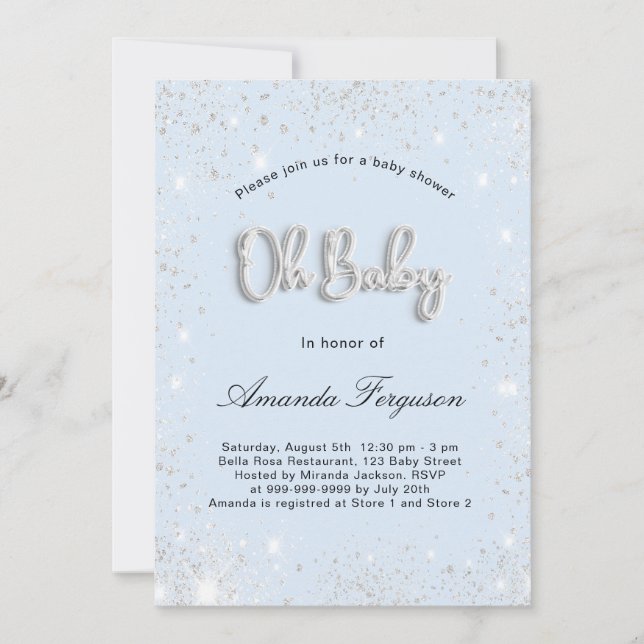 Baby Shower baby blue boy silver glitter dust Invitation (Front)
