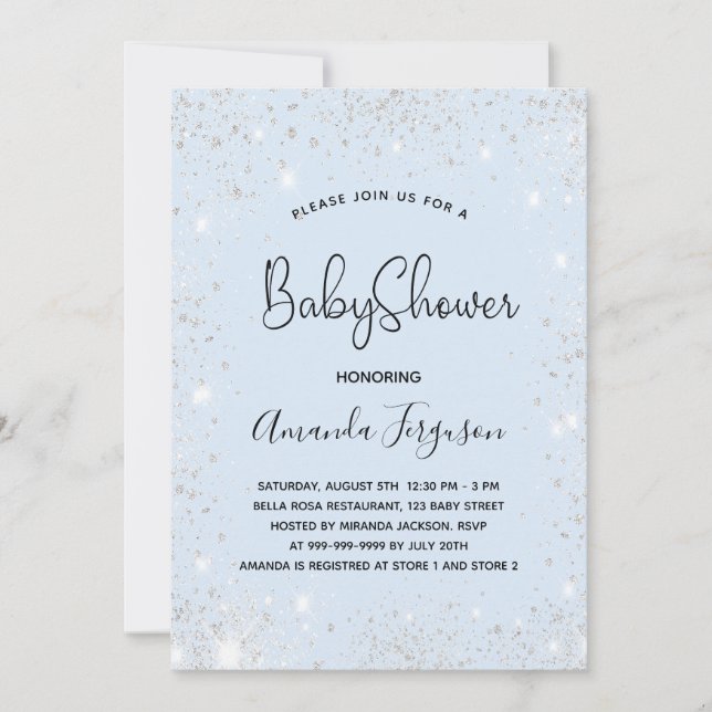 Baby Shower baby blue boy silver glitter Invitation (Front)