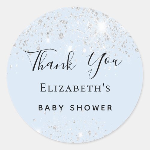 Baby Shower baby blue silver glitter Thank You  Classic Round Sticker