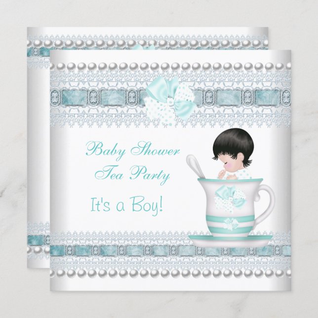Baby Shower Baby Blue Teacup Tea Party Invitation (Front/Back)