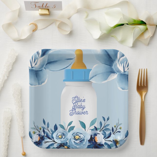 Baby Shower - Baby Bottle- Flowers Name Custom Paper Plates (Wedding)