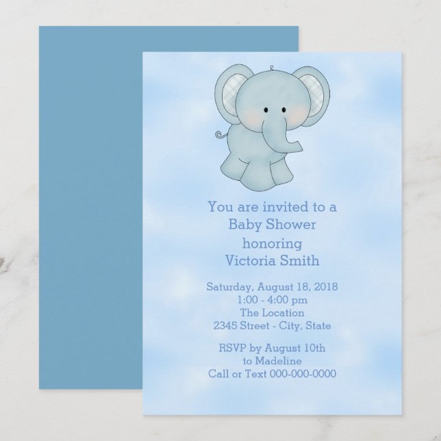 Baby Shower Baby Boy Blue Elephant Invitation (Front/Back)