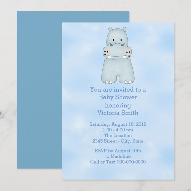 Baby Shower Baby Boy Blue Hippo Invitation (Front/Back)
