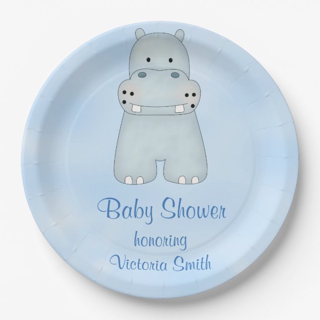 Baby Shower Baby Boy Blue Hippo Paper Plates (Front)