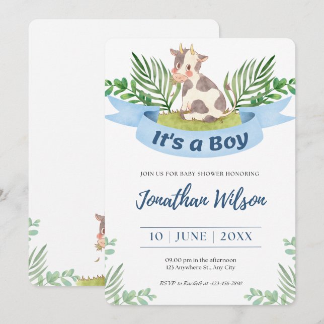 Baby Shower Baby Boy Cute Cow Invitation (Front/Back)