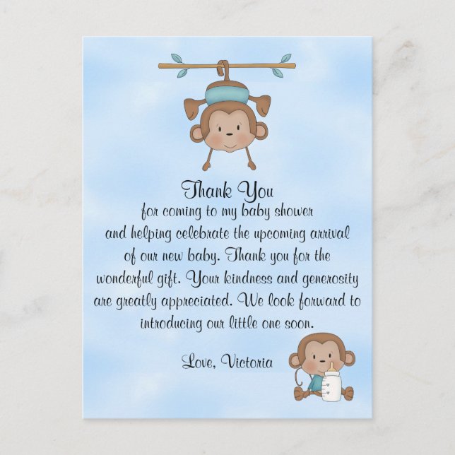 Baby Shower Baby Boy Monkey Postcard (Front)
