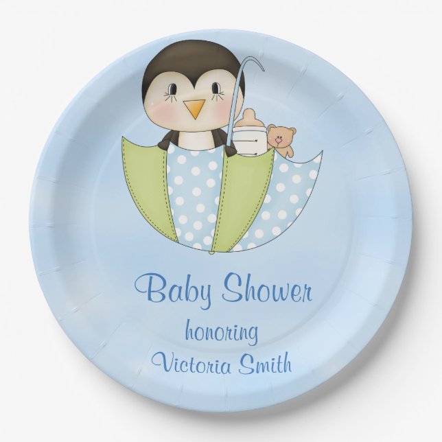 Baby Shower Baby Boy Penguin Paper Plates (Front)