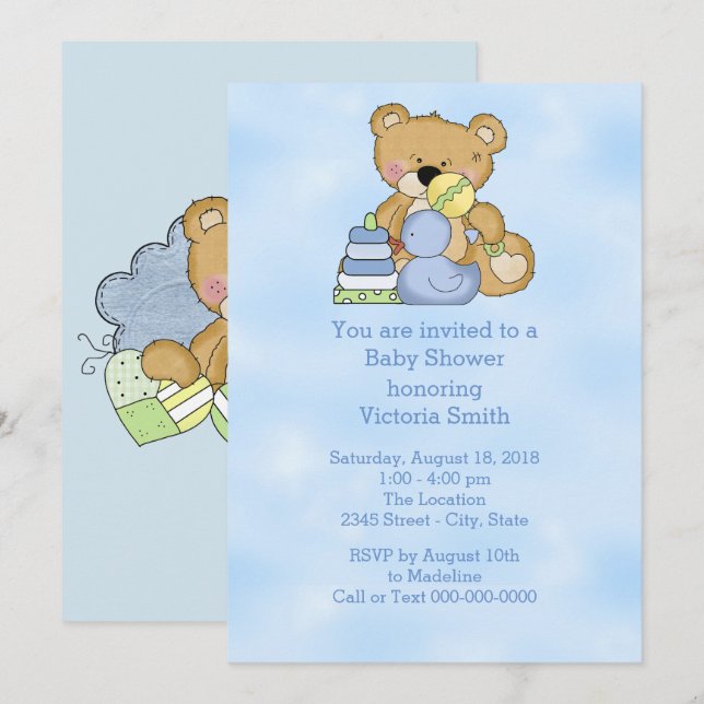 Baby Shower Baby Boy Teddy Bear Invitation (Front/Back)
