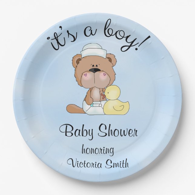 Baby Shower Baby Boy Teddy Bear Paper Plates (Front)
