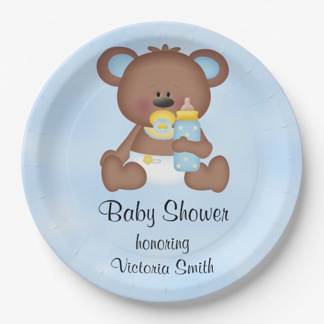 Baby Shower Baby Boy Teddy Bear Paper Plates (Front)