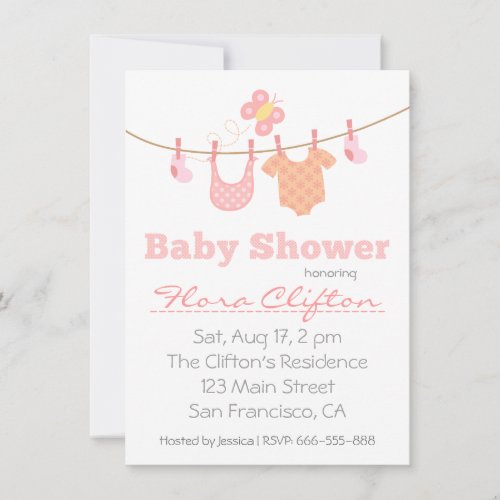 Baby shower _ Baby clothes on clothesline Invitation