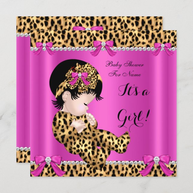 Baby Shower Baby Cute Girl Leopard Hot Pink Gold B Invitation (Front/Back)