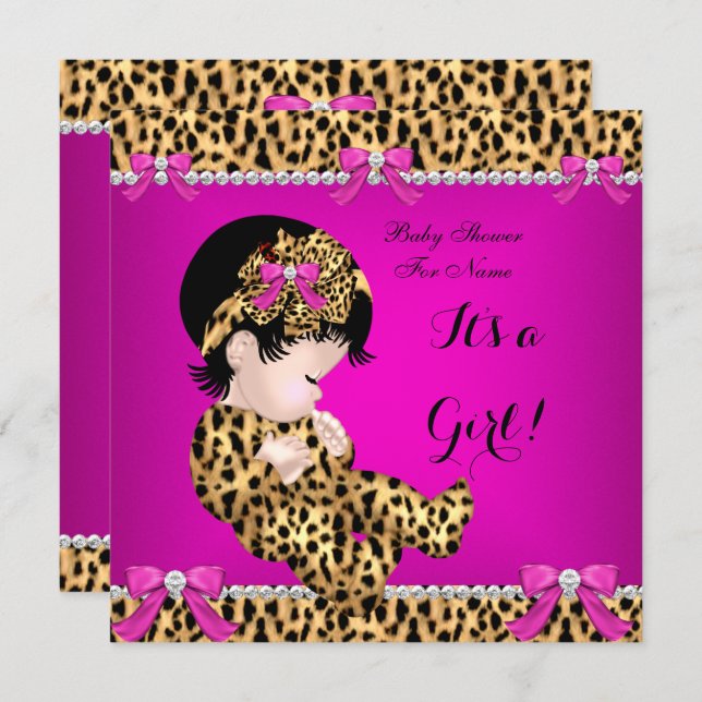 Baby Shower Baby Cute Girl Leopard Hot Pink Gold E Invitation (Front/Back)