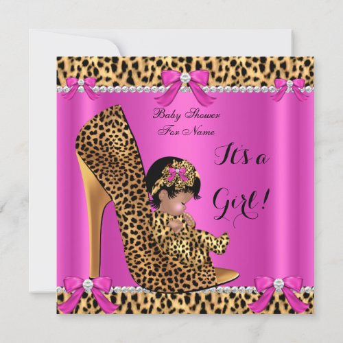 Baby Shower Baby Cute Girl Leopard Hot Pink Shoe A Invitation