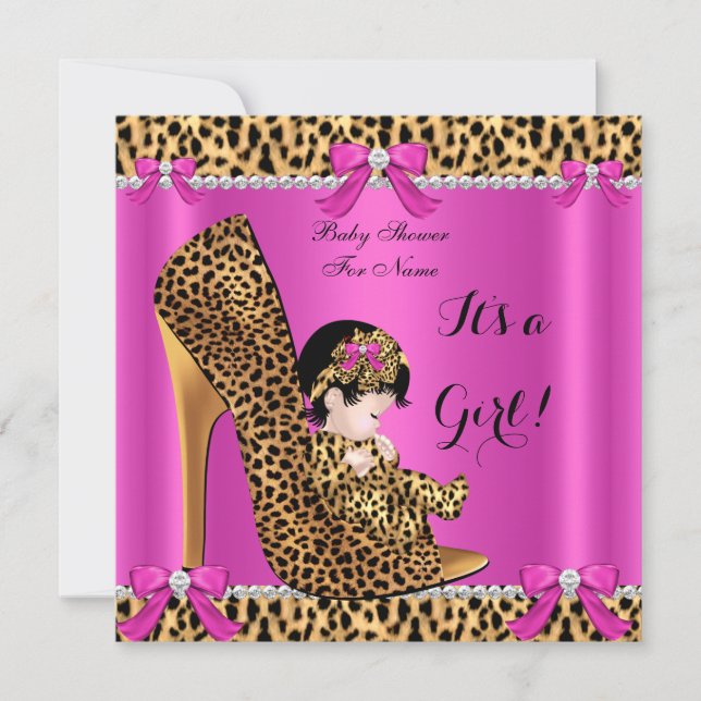 Baby Shower Baby Cute Girl Leopard Hot Pink Shoe B Invitation (Front)