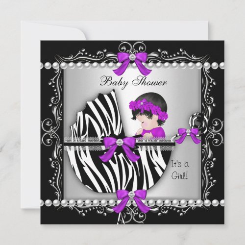 Baby Shower Baby Cute Girl Zebra Pram Silver Invitation