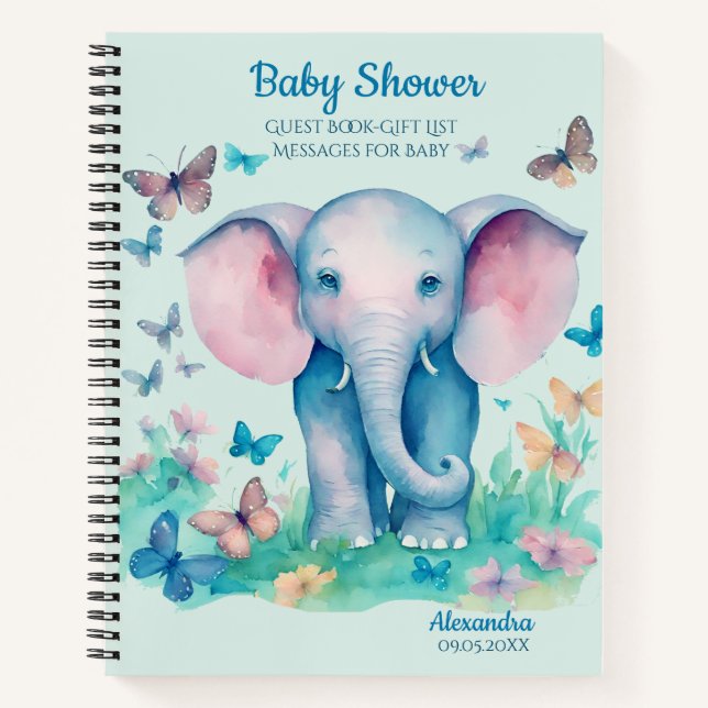 Baby Shower Baby Elephant Guest Gift List Notebook (Front)