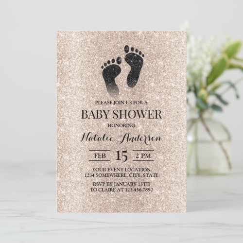 Baby Shower Baby Feet Modern Ivory Gold Glitter Invitation