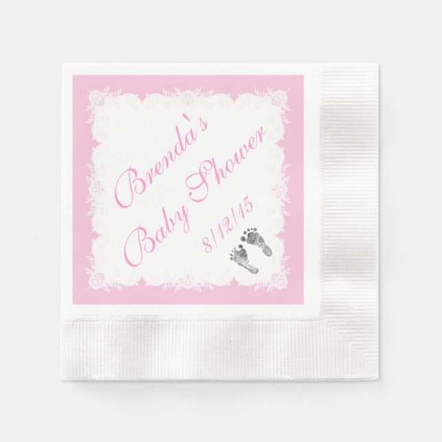 Baby Shower,  Baby Footprints, Pink White Napkins (Front)