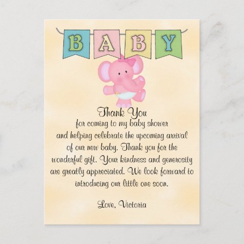 Baby Shower Baby Girl Elephant Postcard