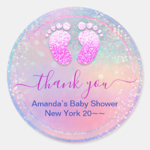 Baby Shower Baby Girl Holographic Pink Feet Classic Round Sticker