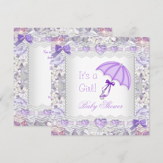 Baby Shower Baby Girl Lavender Floral Umbrella Invitation (Front/Back)
