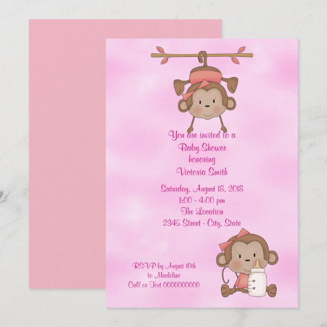 Baby Shower Baby Girl Monkey Invitation (Front/Back)