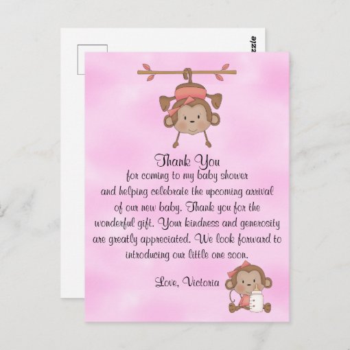 Baby Shower Baby Girl Monkey Postcard | Zazzle