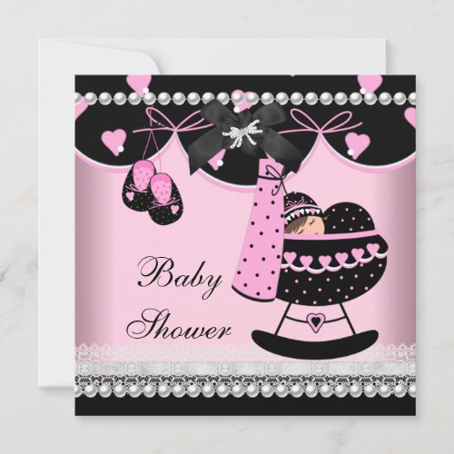 Baby Shower Baby Girl Pink Black Pearl Lace Custom Invite