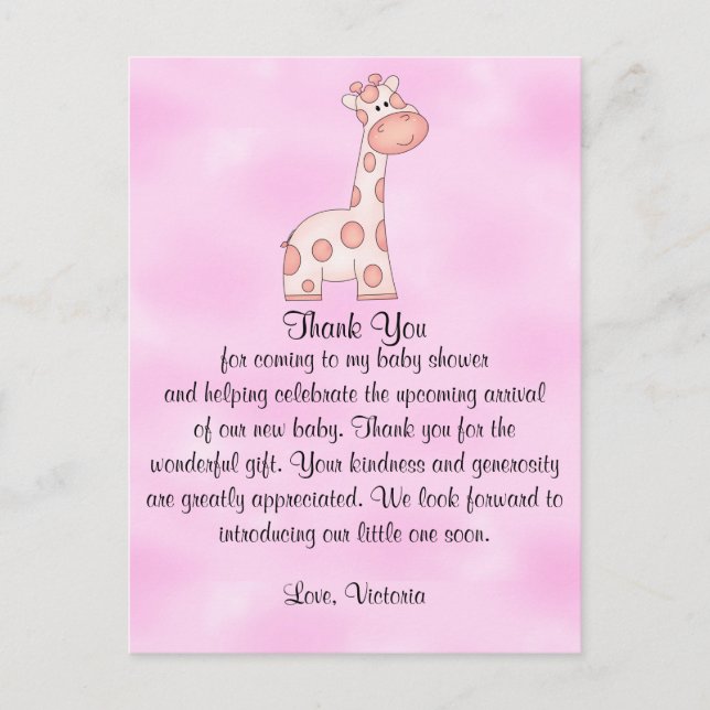 Baby Shower Baby Girl Pink Giraffe Postcard (Front)