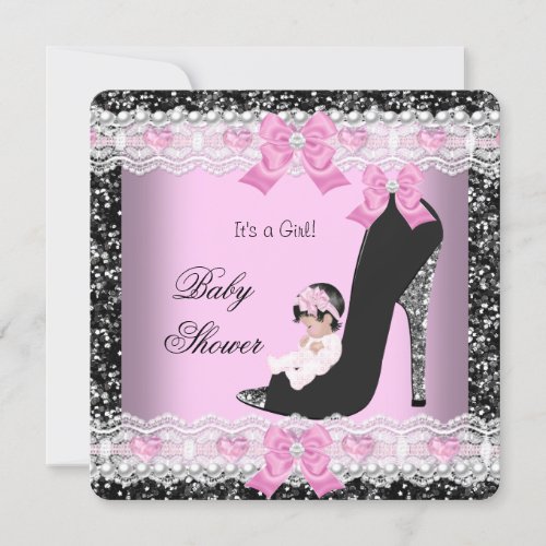 Baby Shower Baby Girl Pink Lace Heart Shoe Invitation