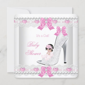 Baby Shower Baby Girl Pink White Lace Heart Shoe Invitation
