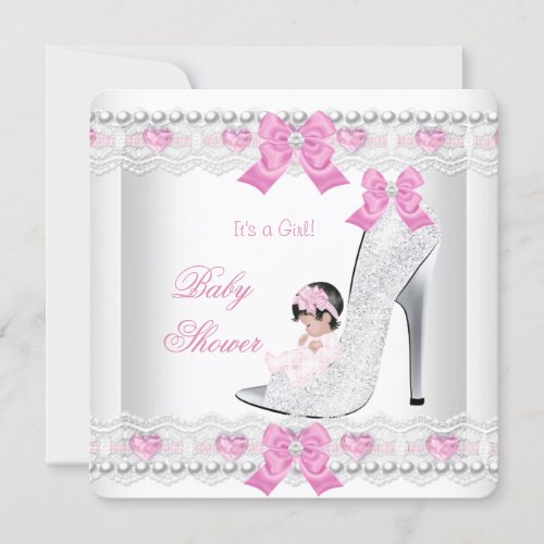 Baby Shower Baby Girl Pink White Lace Heart Shoe Invites