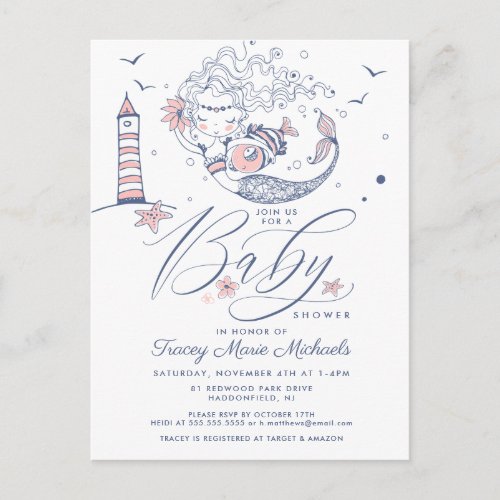 BABY SHOWER  Baby Girl Whale Mermaid Beach Postcard