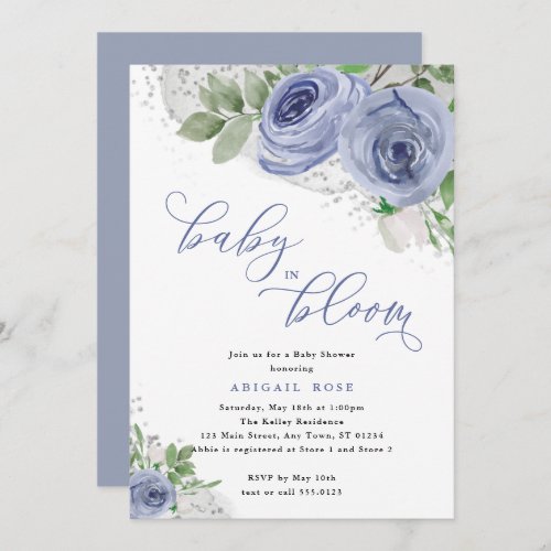  Baby Shower Baby in Bloom Blue  Silver Flowers Invitation