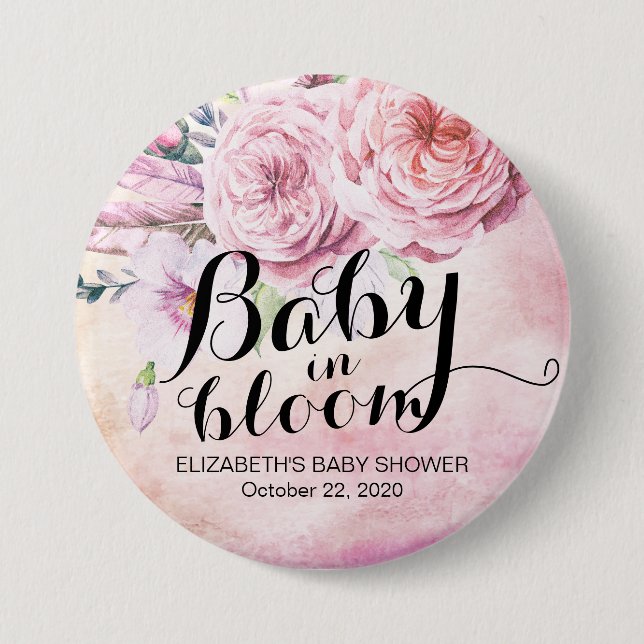 Baby Shower Baby in Bloom Boho Flowers & Feathers Button (Front)