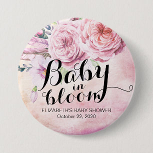 Baby Shower Baby in Bloom Boho Flowers & Feathers Button