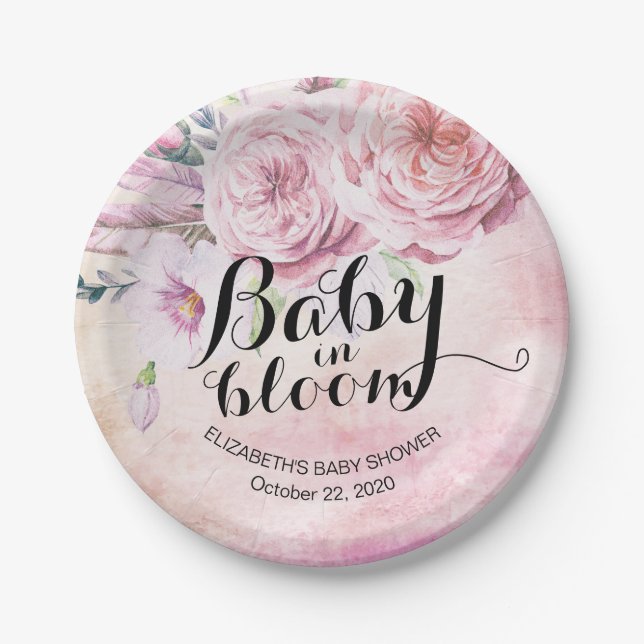 Baby Shower Baby in Bloom Boho Flowers & Feathers Paper Plates (Front)