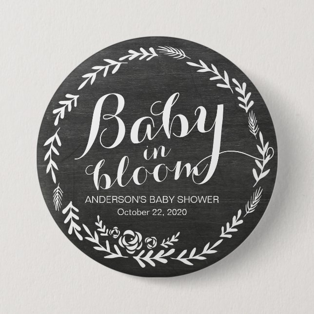 Baby Shower Baby in Bloom Floral Frame Chalkboard Button (Front)