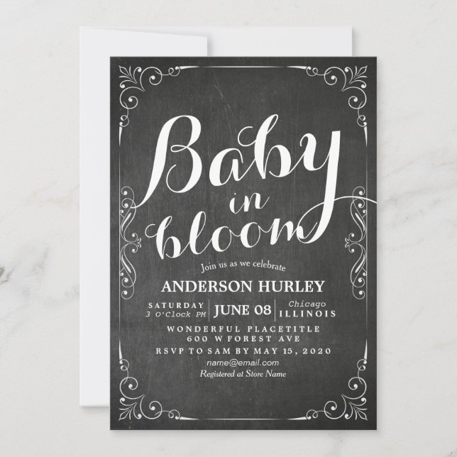 Baby Shower Baby in Bloom Floral Frame Chalkboard Invitation (Front)