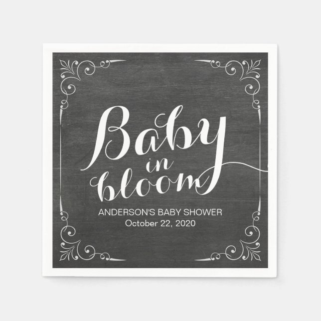 Baby Shower Baby in Bloom Floral Frame Chalkboard Napkins (Front)
