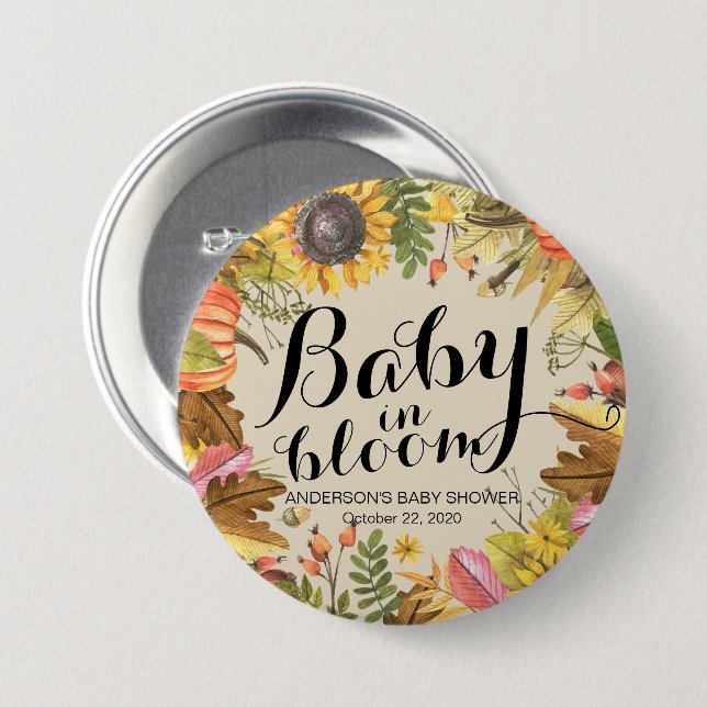 Baby Shower Baby in Bloom Maple Pumpkins Sunflower Button (Front & Back)