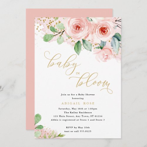  Baby Shower Baby in Bloom Pink Gold Floral Invitation