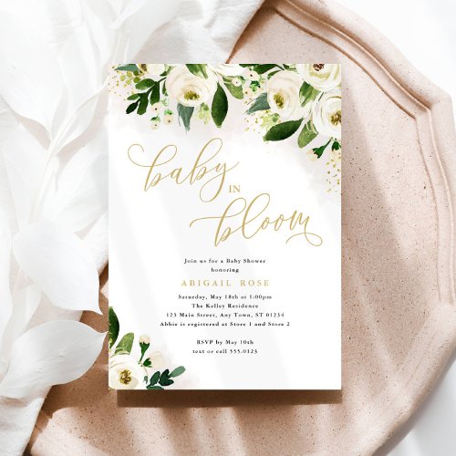  Baby Shower Baby in Bloom White Gold Floral Invitation