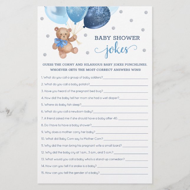 Baby Shower Baby Jokes Game Teddy Bear Blue (Front)