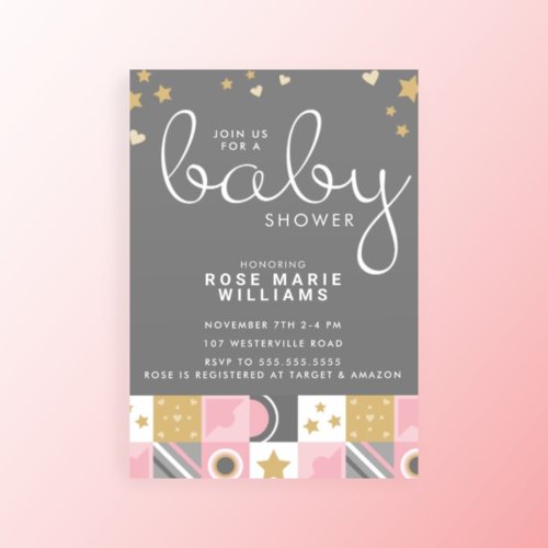 BABY SHOWER  Baby Pink Moon  Stars Invitation