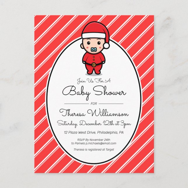 BABY SHOWER | Baby Santa Claus Candy Cane Postcard (Front)