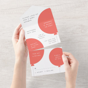 Baby Shower Balloon Coral Pink Minimalist RSVP All In One Invitation