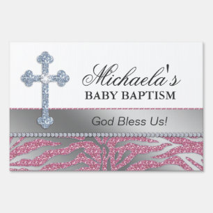 Baby Shower Baptism Cross Zebra Pattern Yard Sign