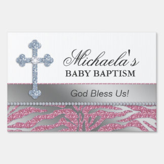 Baby Shower Baptism Cross Zebra Pattern Yard Sign